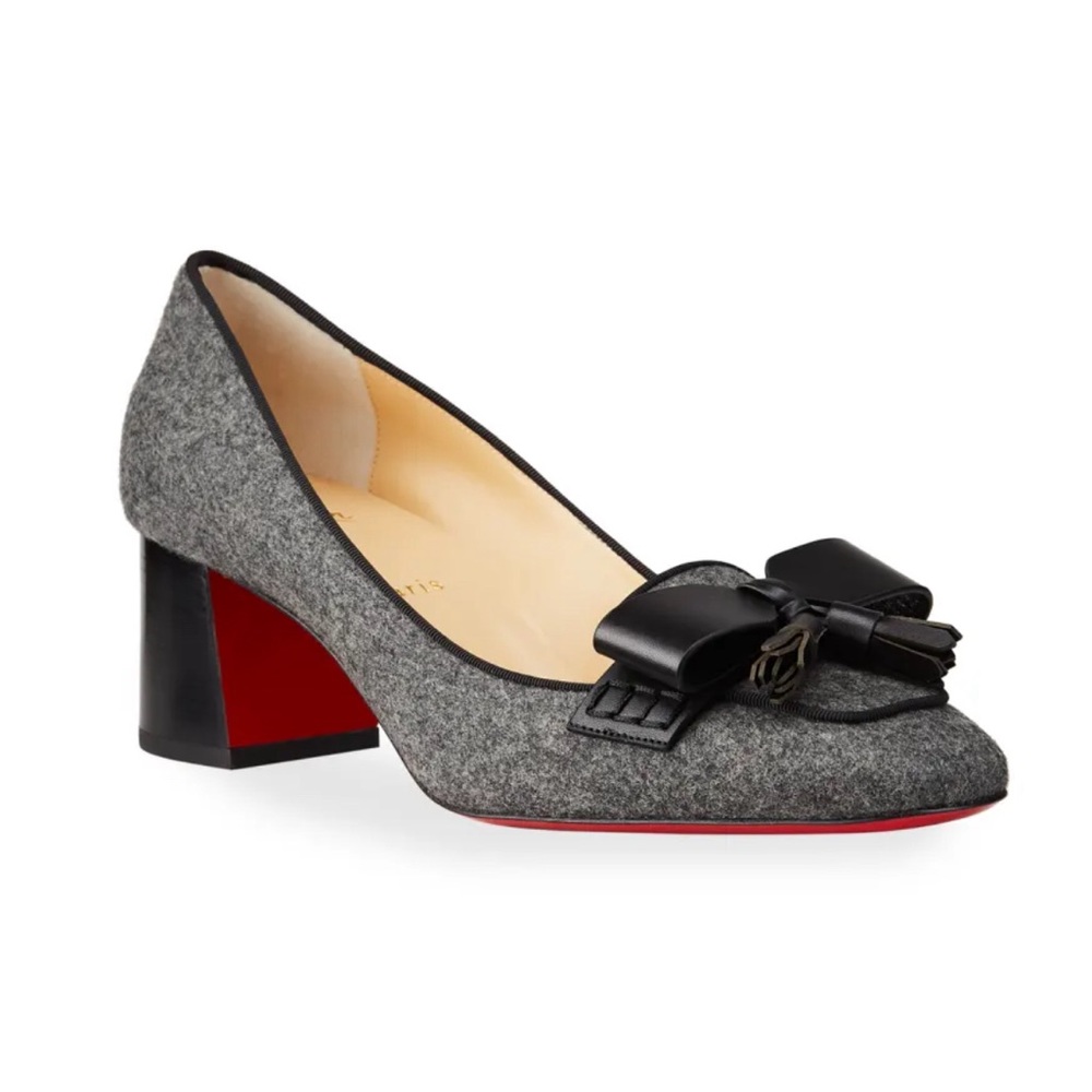 NEW CHRISTIAN LOUBOUTIN Carmela Wool Bow Red Sole Loafer Pumps. NEVER WORN.